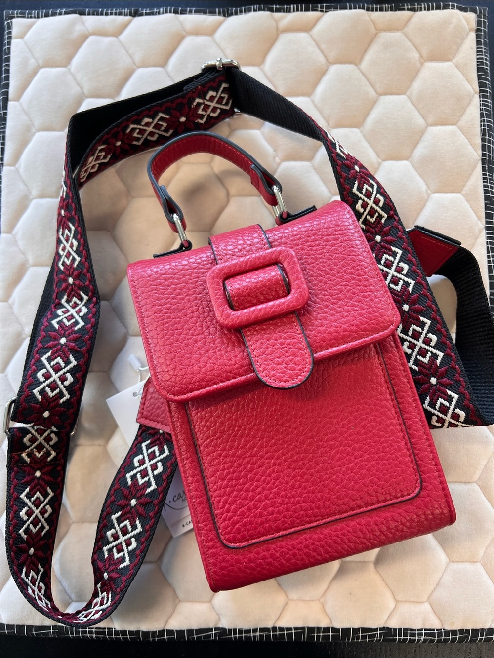 Cherry red Pebbled Leather Crossbody Bag with Patterned Strap